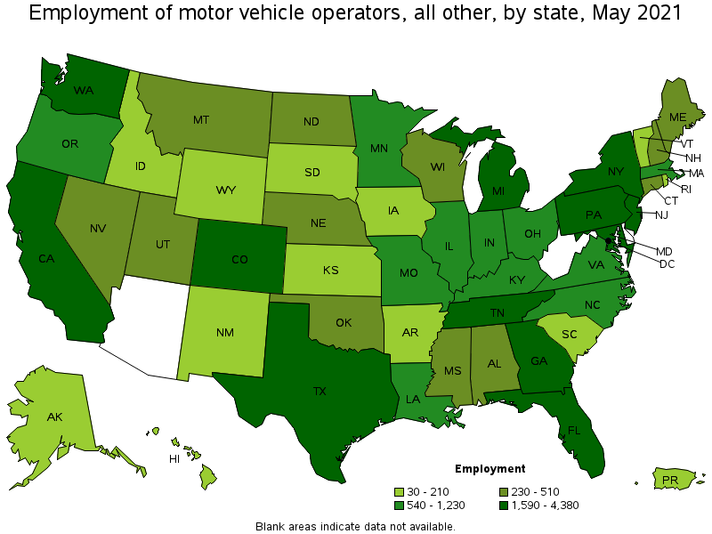 Map of employment of motor vehicle operators, all other by state, May 2021