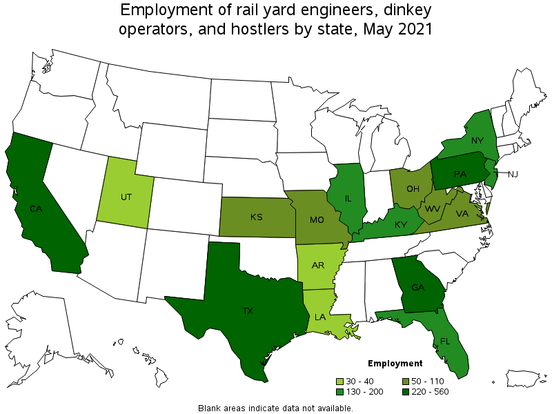 Map of employment of rail yard engineers, dinkey operators, and hostlers by state, May 2021