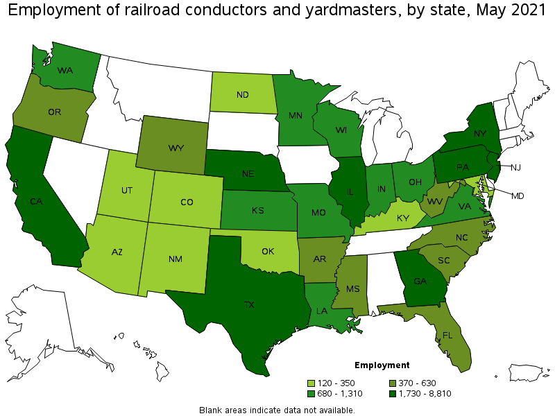 Map of employment of railroad conductors and yardmasters by state, May 2021