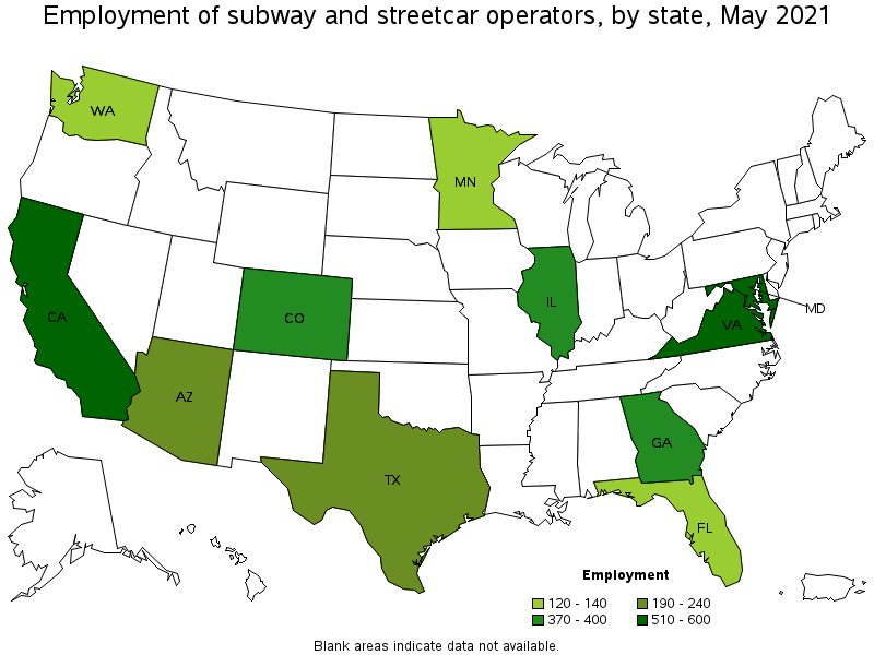 Map of employment of subway and streetcar operators by state, May 2021