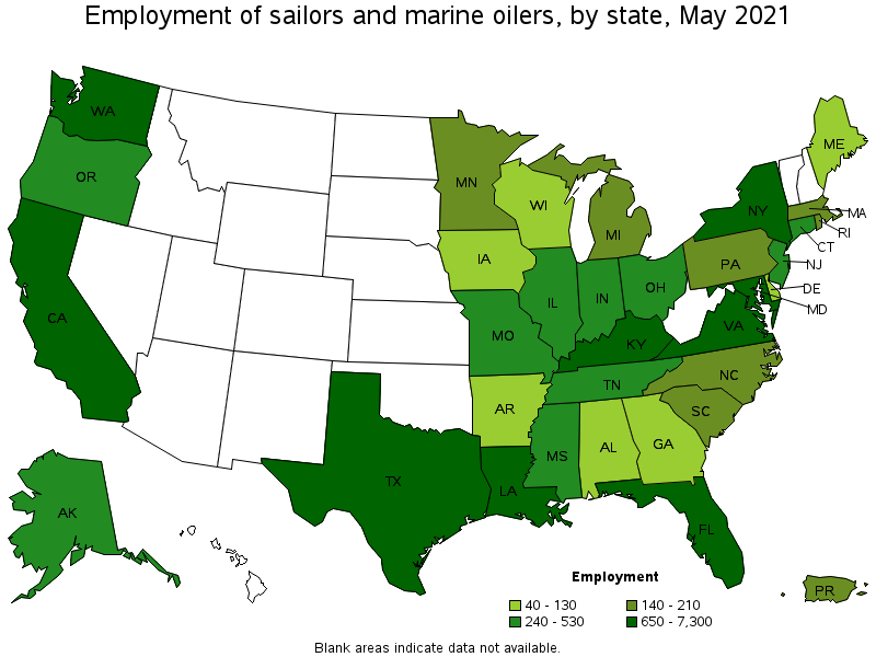 Map of employment of sailors and marine oilers by state, May 2021