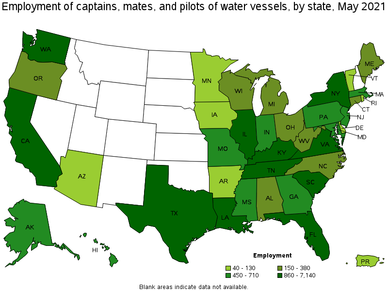 Map of employment of captains, mates, and pilots of water vessels by state, May 2021