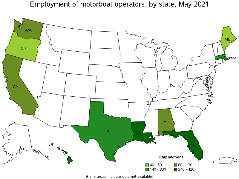 Map of employment of motorboat operators by state, May 2021