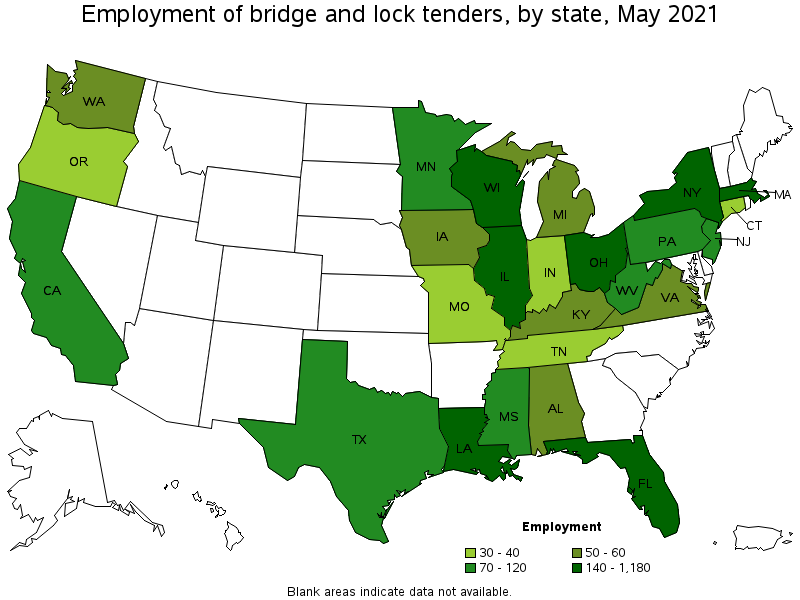 Map of employment of bridge and lock tenders by state, May 2021
