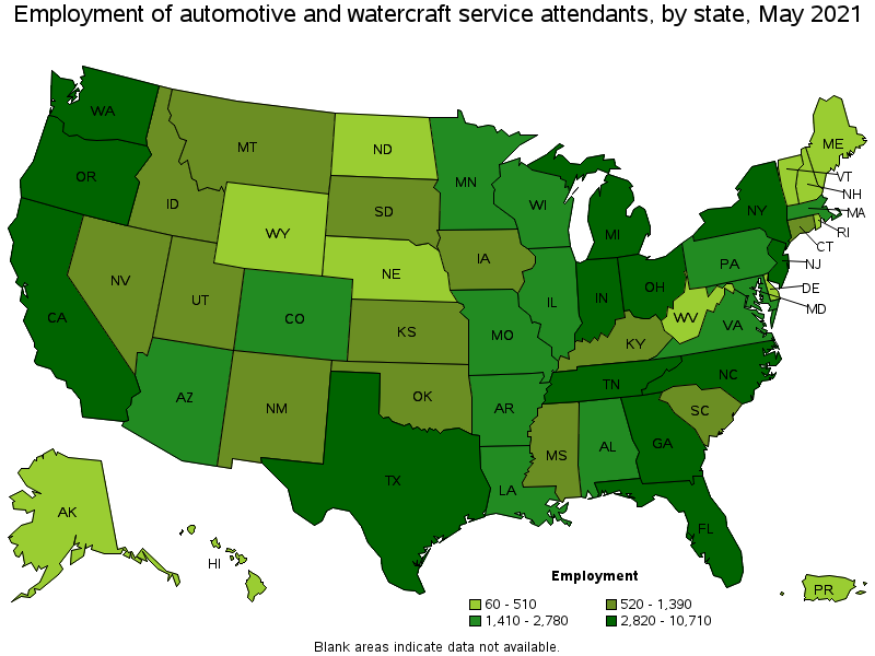 Map of employment of automotive and watercraft service attendants by state, May 2021