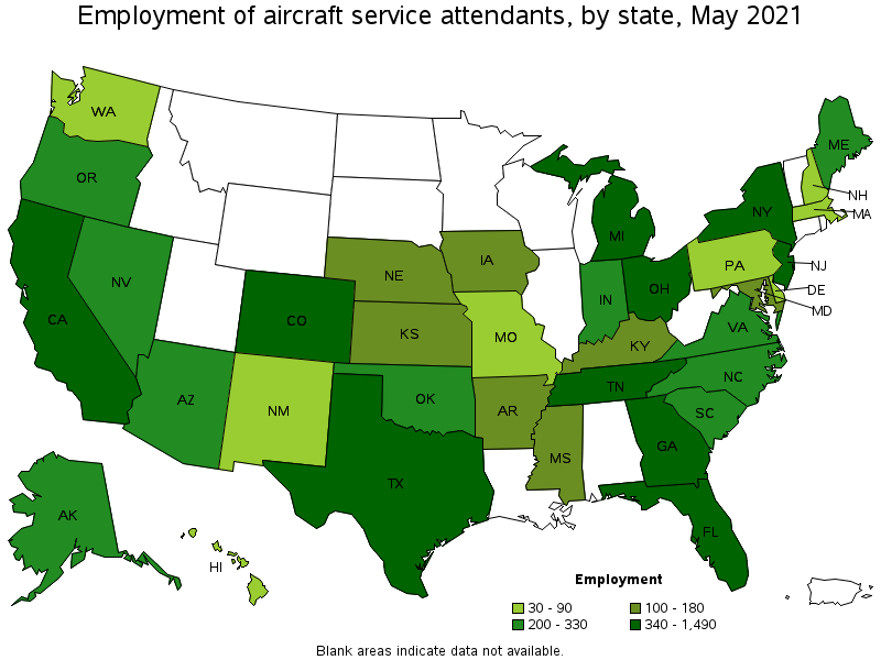 Map of employment of aircraft service attendants by state, May 2021