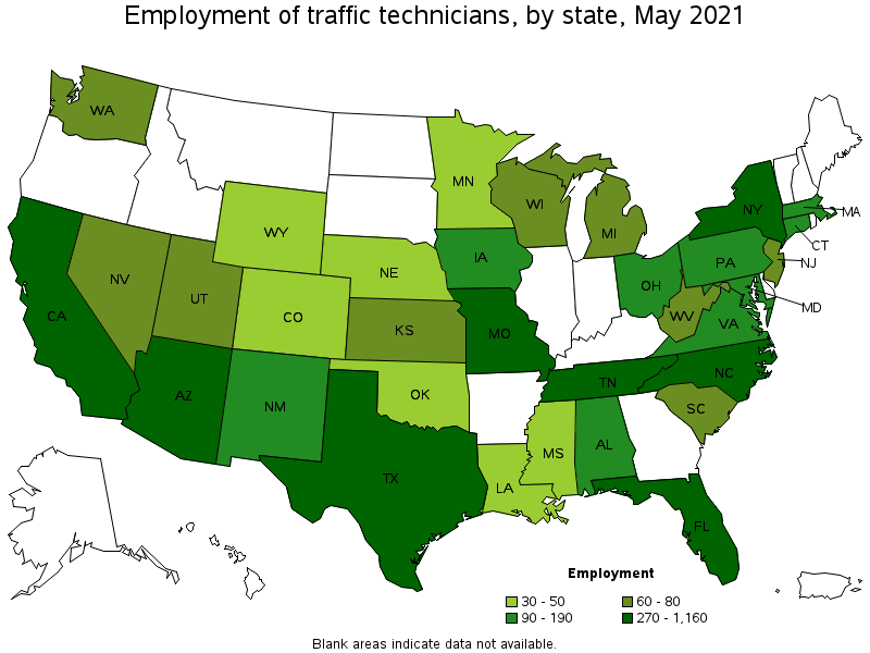 Map of employment of traffic technicians by state, May 2021