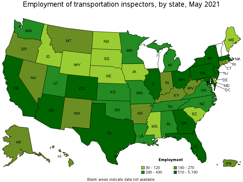Map of employment of transportation inspectors by state, May 2021