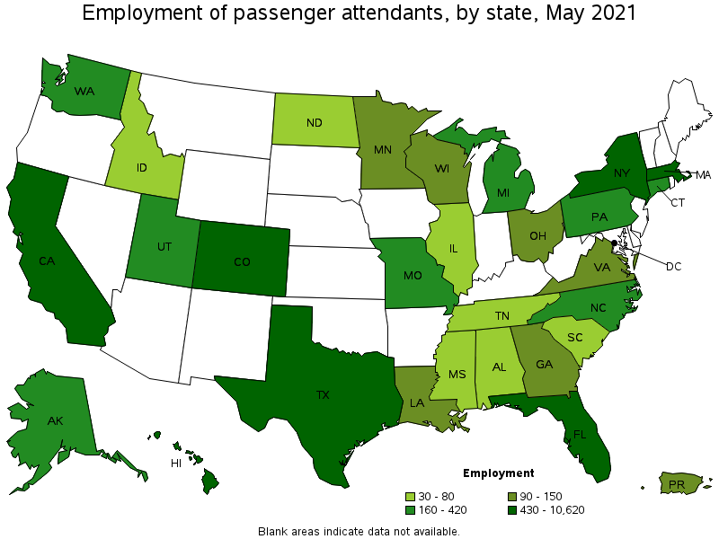 Map of employment of passenger attendants by state, May 2021