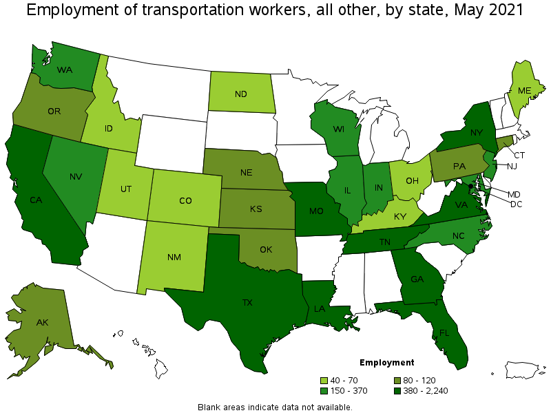 Map of employment of transportation workers, all other by state, May 2021