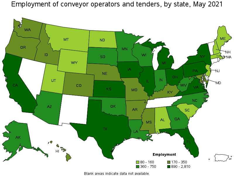 Map of employment of conveyor operators and tenders by state, May 2021