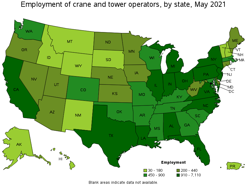 Map of employment of crane and tower operators by state, May 2021