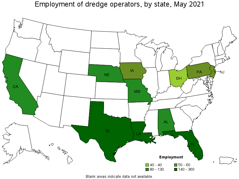Map of employment of dredge operators by state, May 2021