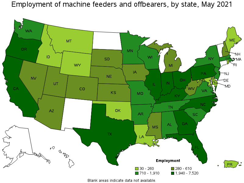 Map of employment of machine feeders and offbearers by state, May 2021