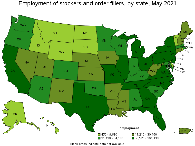 Map of employment of stockers and order fillers by state, May 2021