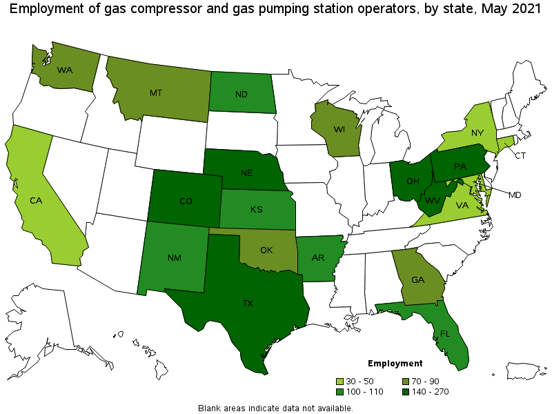 Map of employment of gas compressor and gas pumping station operators by state, May 2021