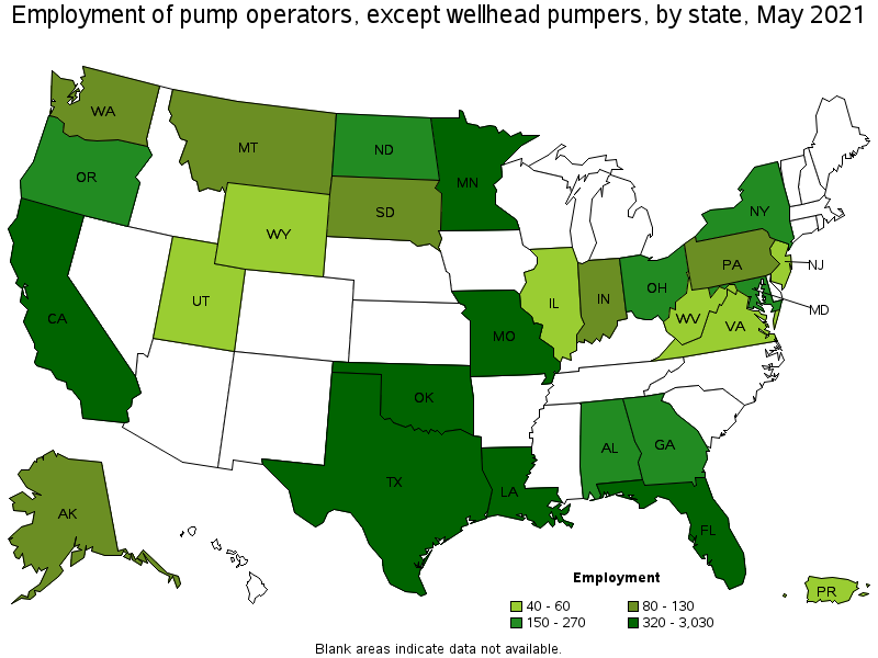 Map of employment of pump operators, except wellhead pumpers by state, May 2021