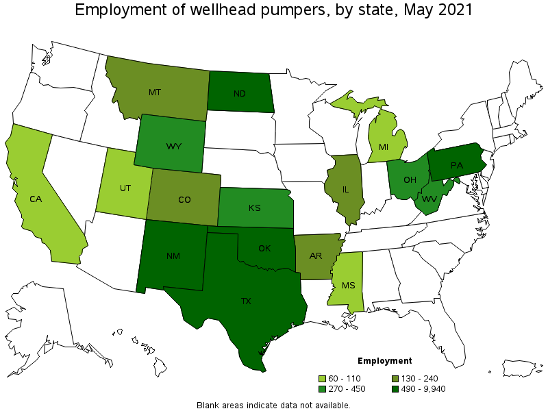 Map of employment of wellhead pumpers by state, May 2021