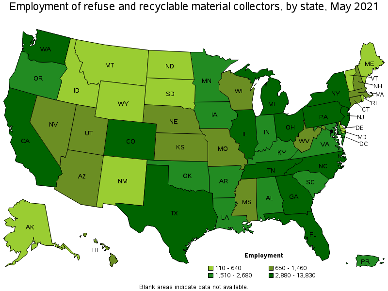 Map of employment of refuse and recyclable material collectors by state, May 2021