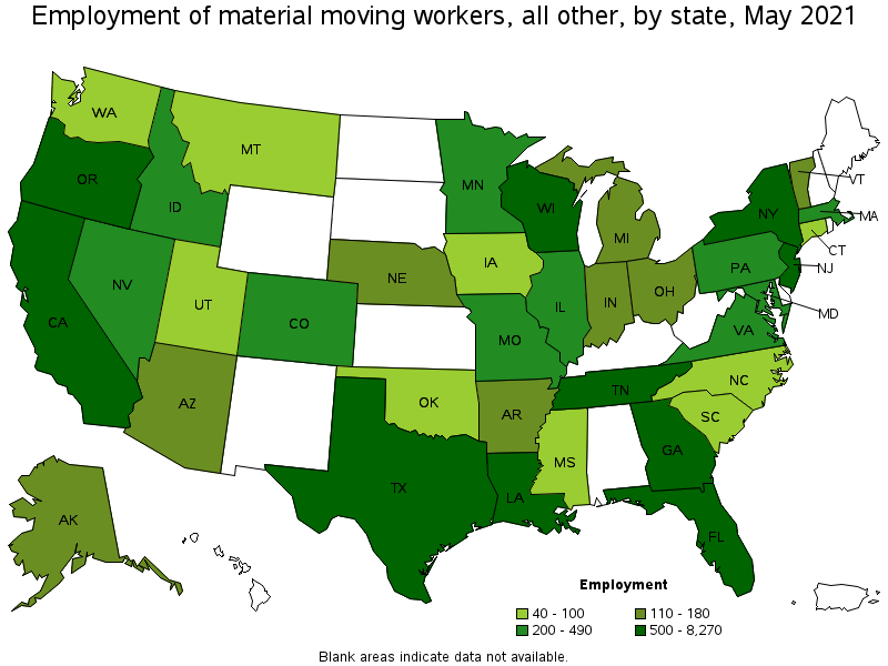 Map of employment of material moving workers, all other by state, May 2021