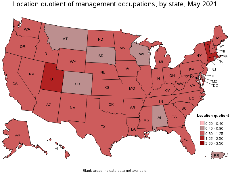 Map of location quotient of management occupations by state, May 2021