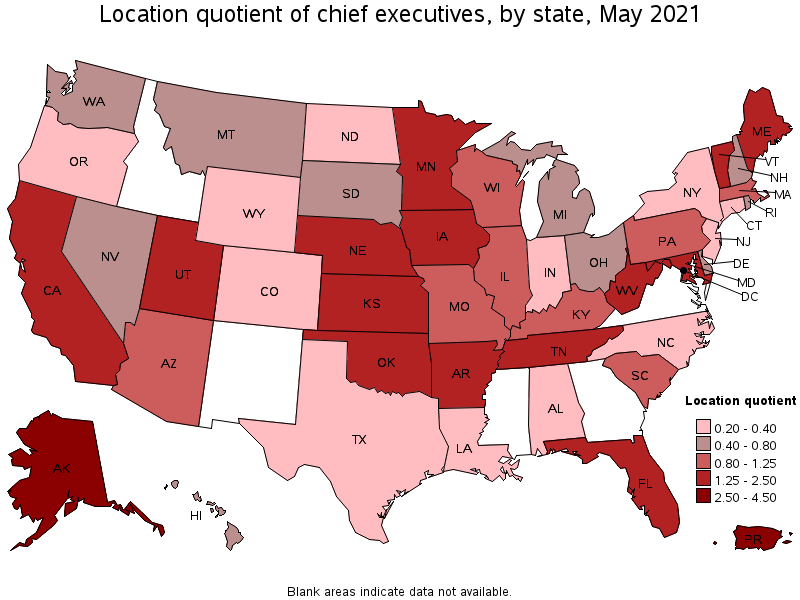 Map of location quotient of chief executives by state, May 2021