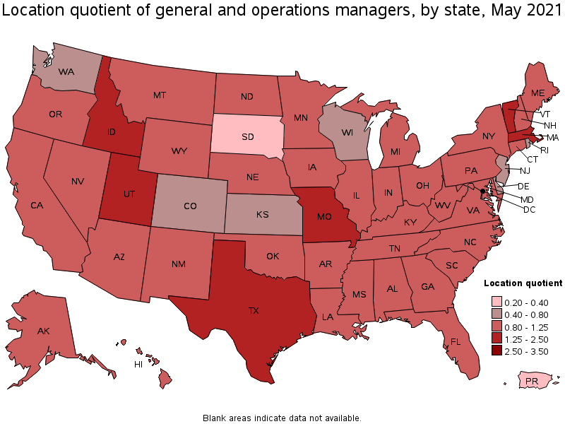 Map of location quotient of general and operations managers by state, May 2021