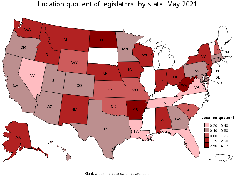 Map of location quotient of legislators by state, May 2021