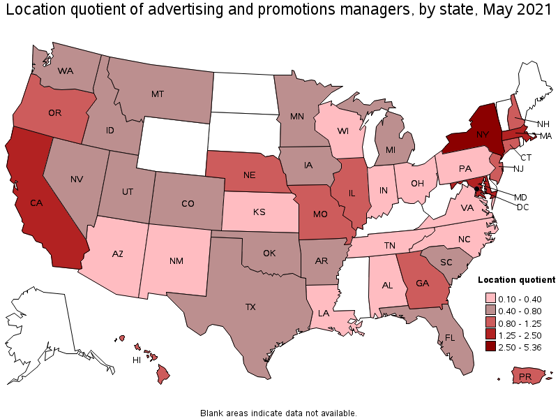 Map of location quotient of advertising and promotions managers by state, May 2021