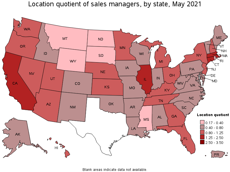 Map of location quotient of sales managers by state, May 2021
