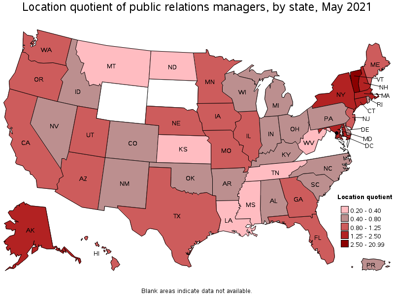 Map of location quotient of public relations managers by state, May 2021