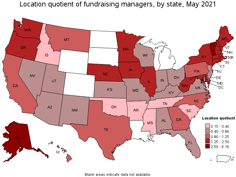 Map of location quotient of fundraising managers by state, May 2021