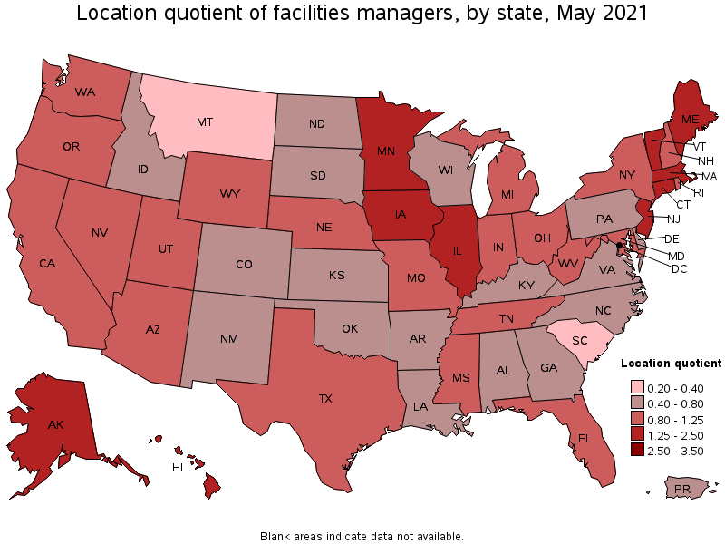 Map of location quotient of facilities managers by state, May 2021