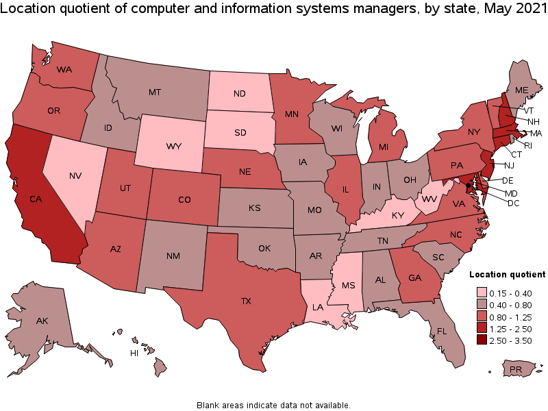 Map of location quotient of computer and information systems managers by state, May 2021