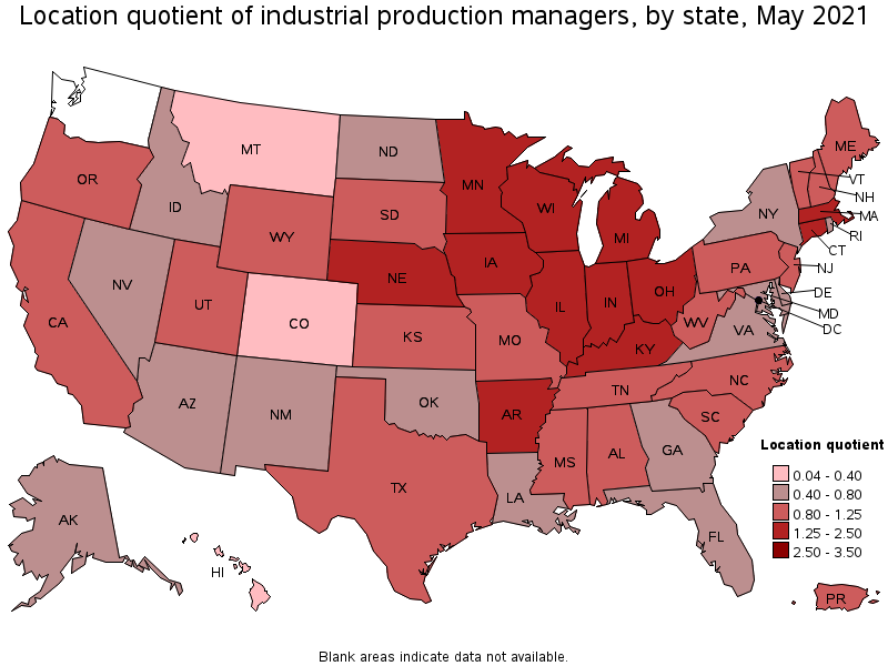 Map of location quotient of industrial production managers by state, May 2021