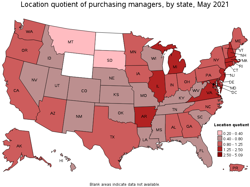 Map of location quotient of purchasing managers by state, May 2021