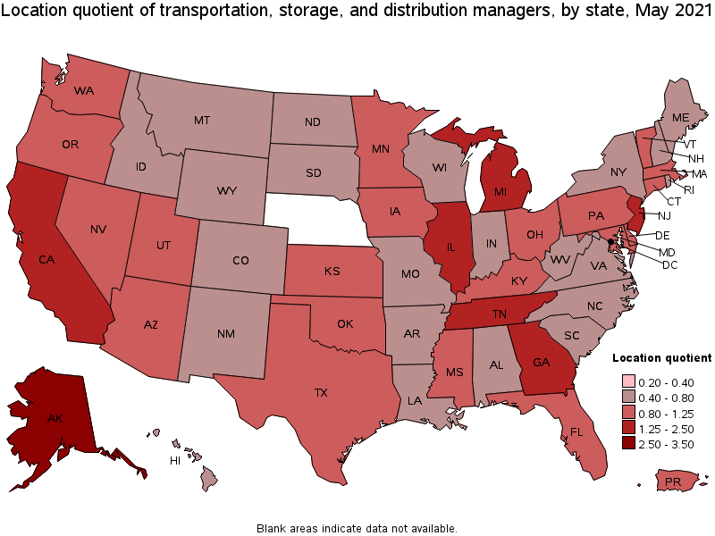 Map of location quotient of transportation, storage, and distribution managers by state, May 2021