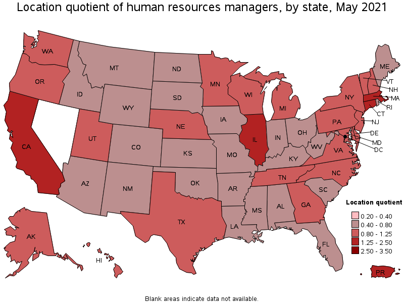 Map of location quotient of human resources managers by state, May 2021