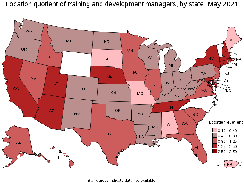 Map of location quotient of training and development managers by state, May 2021