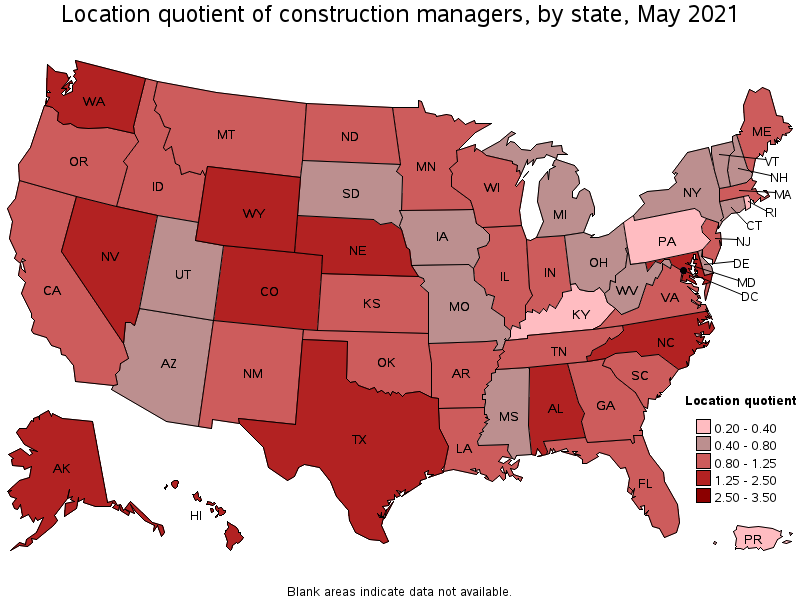Map of location quotient of construction managers by state, May 2021