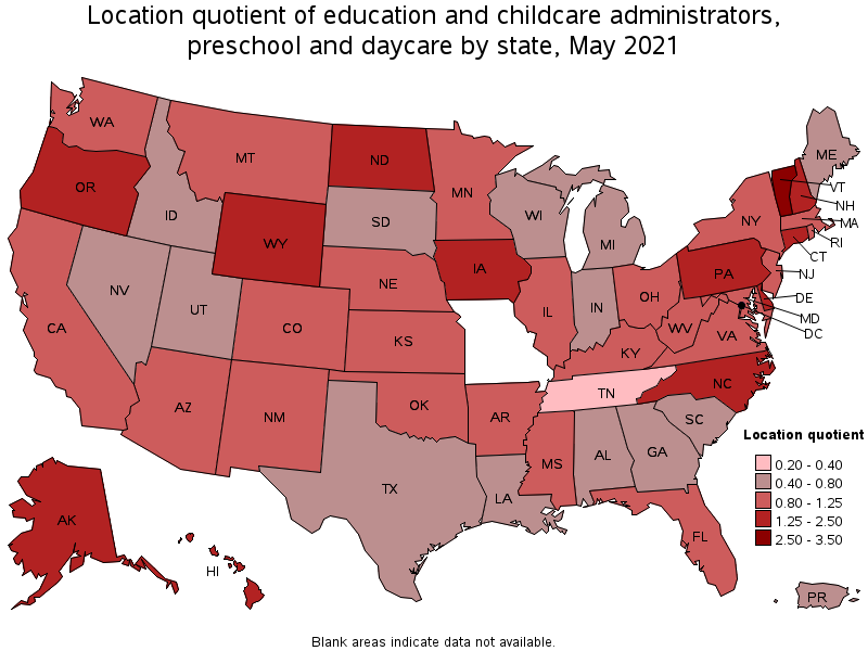Map of location quotient of education and childcare administrators, preschool and daycare by state, May 2021