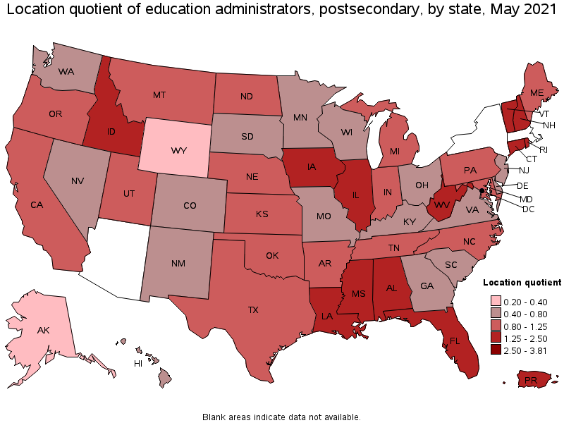 Map of location quotient of education administrators, postsecondary by state, May 2021