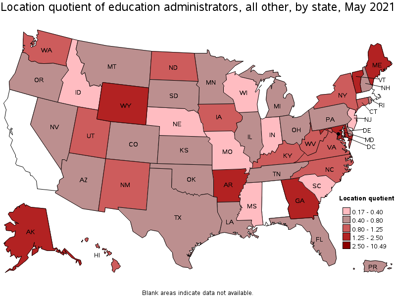 Map of location quotient of education administrators, all other by state, May 2021