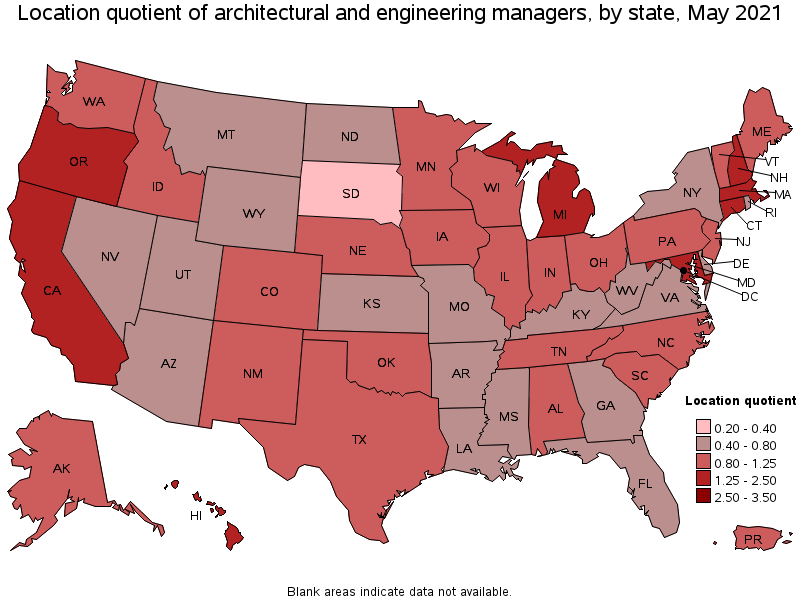 Map of location quotient of architectural and engineering managers by state, May 2021