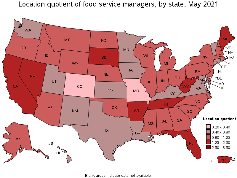 Map of location quotient of food service managers by state, May 2021