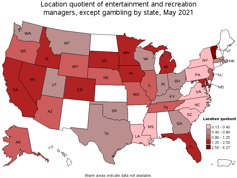 Map of location quotient of entertainment and recreation managers, except gambling by state, May 2021