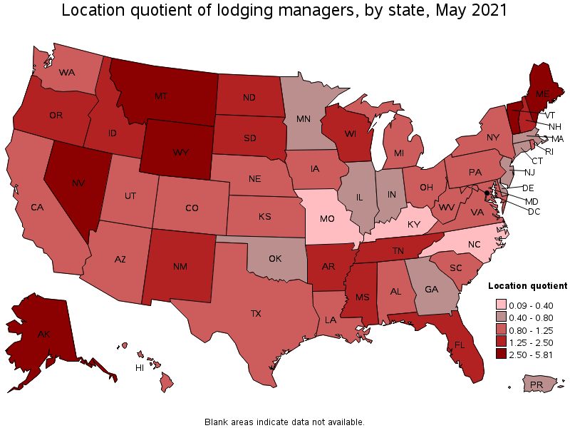 Map of location quotient of lodging managers by state, May 2021