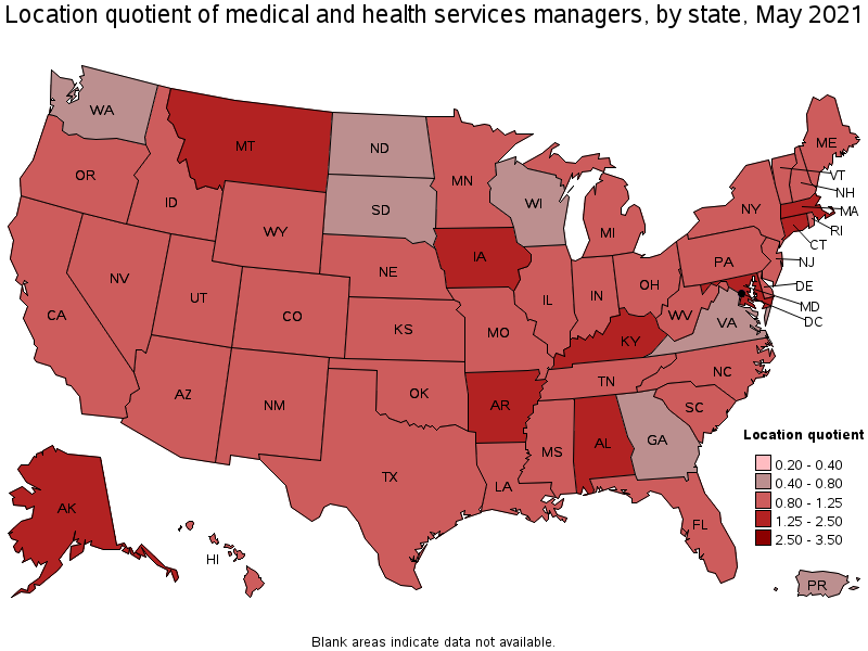 Map of location quotient of medical and health services managers by state, May 2021