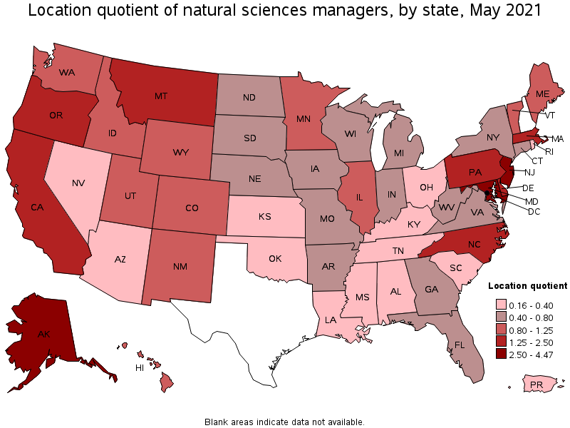 Map of location quotient of natural sciences managers by state, May 2021