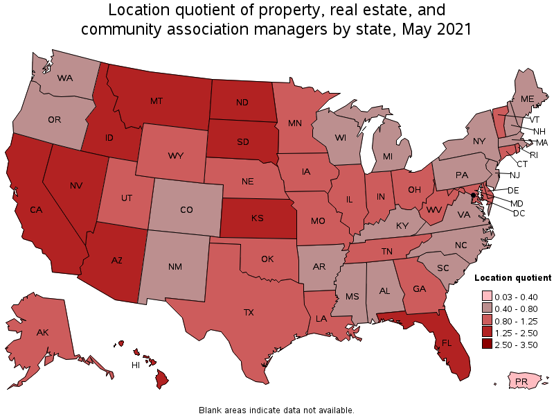 Map of location quotient of property, real estate, and community association managers by state, May 2021
